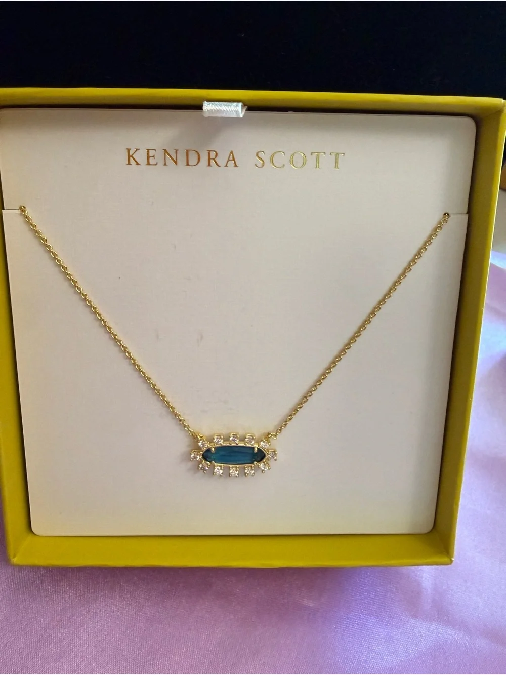 Kendra Scott Gold Necklace with Teal Oval Stone and Crystal Halo